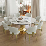 59' Round Sintered Stone Dining Table Set with Gold Stainless Steel Hourglass Base & 8 White Padded Chairs - Modern Luxury Marble-Look Kitchen Table for 6-8 People, Scratch & Heat Resistant Surface