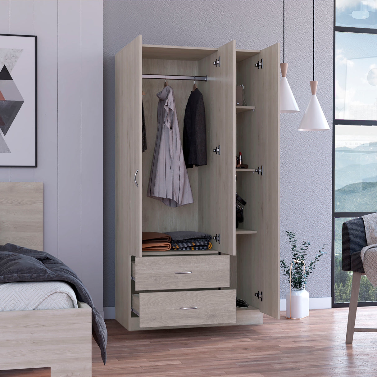 Bosko 3 Doors Armoire, Two Drawers, Metal Rod, Light Gray -Bedroom - sold by Home Elegance USA