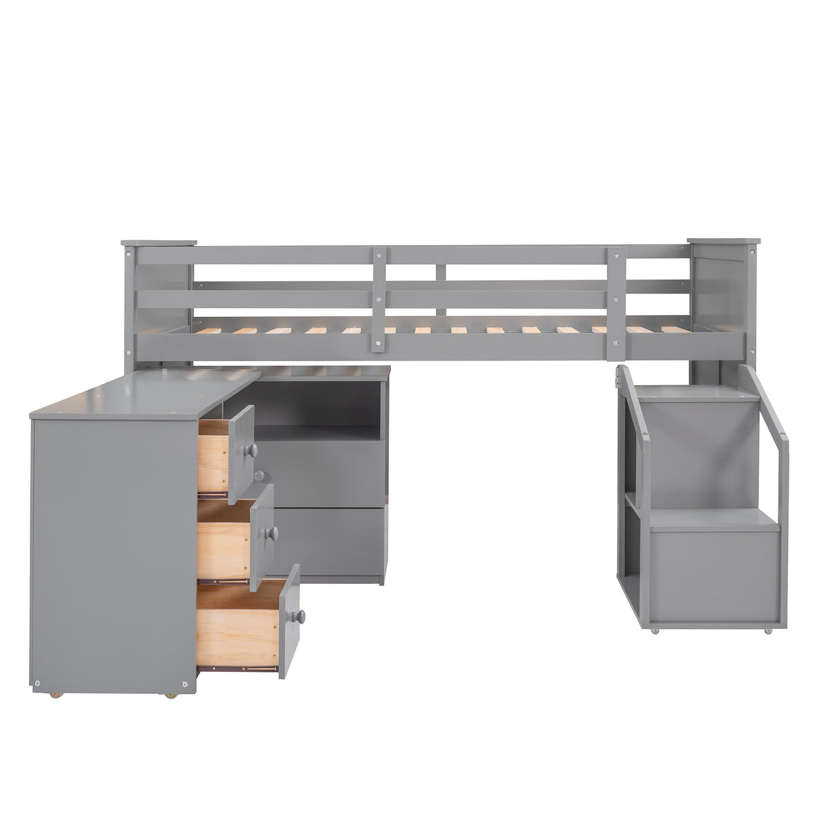 Loft Bed Low Study Twin Size Loft Bed With Storage Steps and Portable,Desk,Gray(OLD SKU: LT000101AAE) - Home Elegance USA