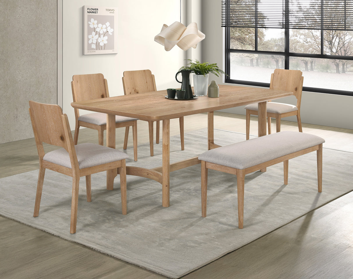 6pc Rectangular Dining Table Chair Bench Set Light Brown Beige Finish Softly Rounded Corners Fabric Upholstered Wooden Dining Room Furniture