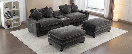 Modern Chenille Upholstered Sectional Sofa with Ottomans, USB Ports, Cup Holders, and Storage in Grey - sold by Home Elegance USA