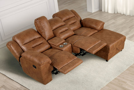 Contemporary Saddle Brown Leatherette 2pc Sectional Sofa Set Console Cup Holder Chaise Storage Recliners Adjustable Back Rest Living Room - sold by Home Elegance USA