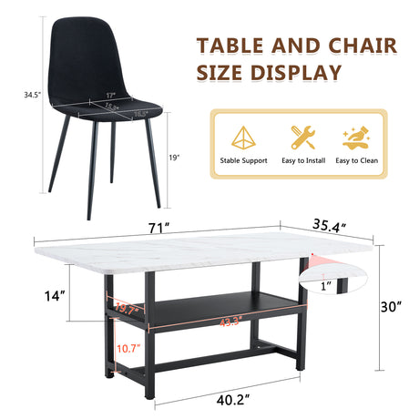 Table and chair set.71*35.4 inch White Grain Spliced Dining Table With Storage Function In The Middle Of The Table Legs.Paired with 8 Black Linen-Cotton Material High Resilience Dining Chair. - sold by Home Elegance USA