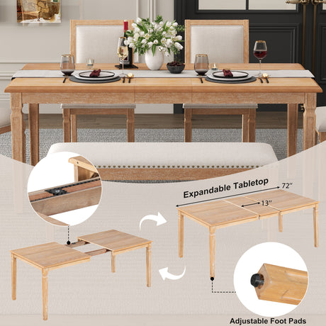 TREXM Vintage Extendable Dining Table Set for 6 with 4 Chairs & Bench, 59 to 72-Inch Rustic Farmhouse Kitchen Table Set with Distressed Finish and Retro Carved Legs (Natural Wood Wash) - sold by Home Elegance USA