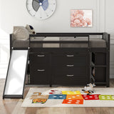 Low Twin Size Loft Bed with Cabinets, Shelves and Slide - Espresso(OLD SKU :LP000503AAP) - Home Elegance USA