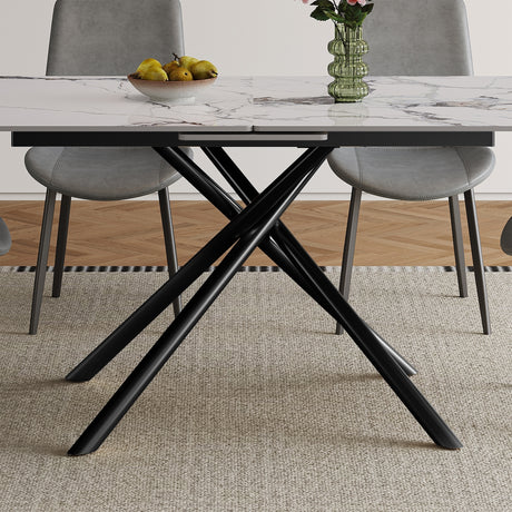 Modern 59-inch Expandable Dining Table with Retractable Leaf, Charred Stone Top & Black Carbon Steel X-Base, 4-8 Person Set with 8 Gray PU Chairs for Small Apartments, Kitchen - sold by Home Elegance USA