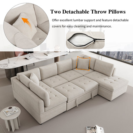 Oversized U-Shaped Sectional Sofa Couch with Pull-out Bed, Beige Chenille, 117.3' - sold by Home Elegance USA