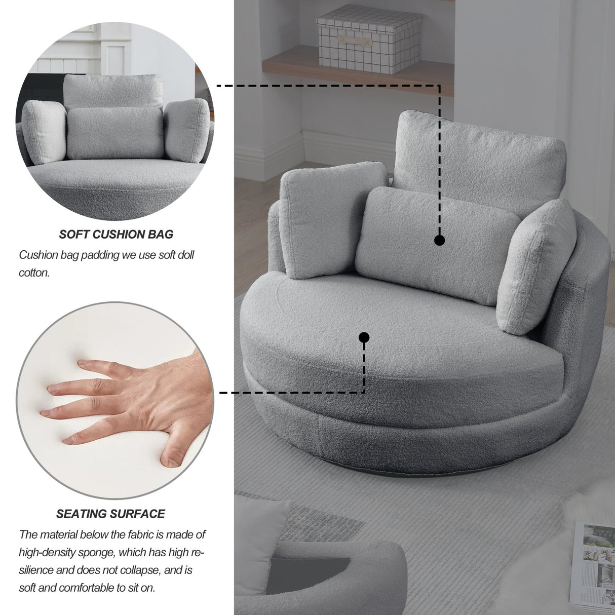 39"W Oversized Swivel Chair with moon storage ottoman for Living Room, Modern Accent Round Loveseat Circle Swivel Barrel Chairs for Bedroom Cuddle Sofa Chair Lounger Armchair, 4 Pillows, Teddy Fabric - W83489913 - image - 15