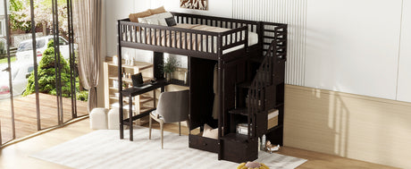 Twin size Loft Bed with Bookshelf,Drawers,Desk,and Wardrobe-Espresso - Home Elegance USA