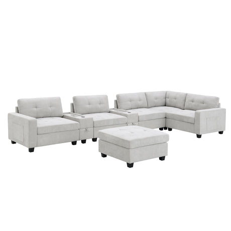 Chenille U Shaped Sectional Sofa with Acrylic Table Top, USB Charger, Storage Drawers, Pockets and Movable Ottoman - sold by Home Elegance USA