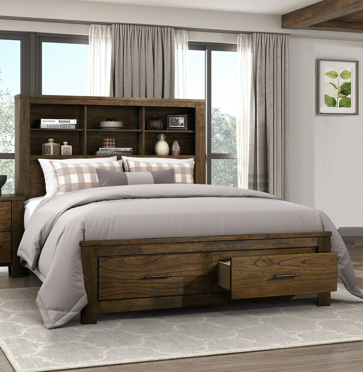 Queen Platform Bed with Drawers Storage Headboard Bookcase Wooden Bedroom Furniture 1pc Wire Brushed Oak Finish