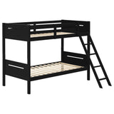 Black Twin/Twin Bunk Bed with Built-in Ladder - Modern Wood Frame with Angled Access and Safety Guardrails