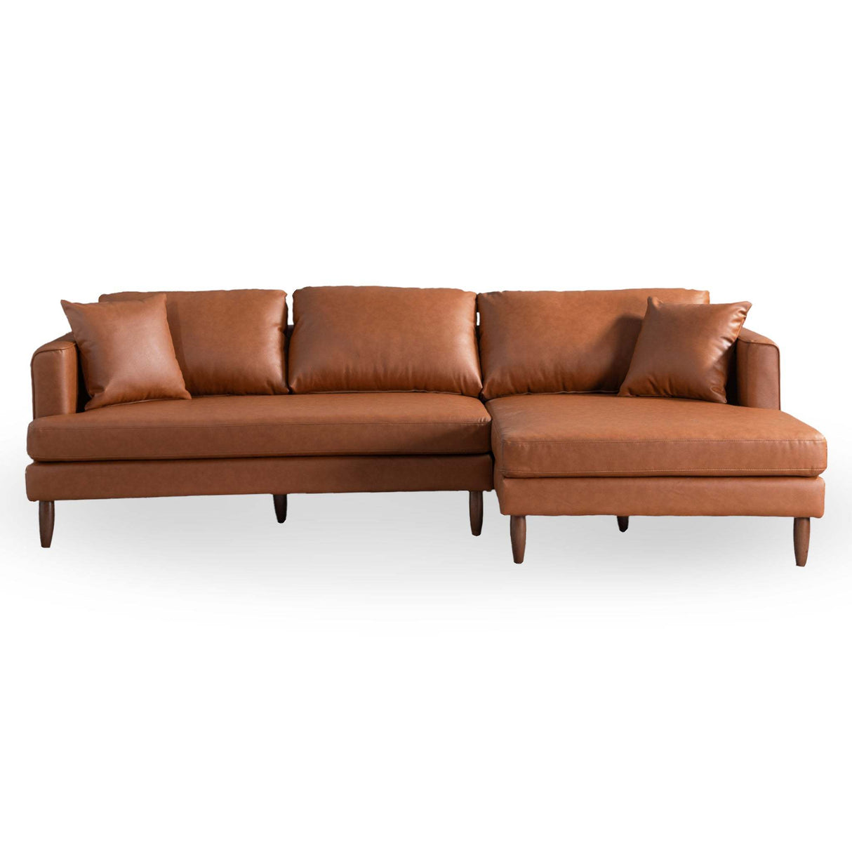 Blake Mid-Century Modern L-Shaped Sectional Sofa in Cognac Vegan Leather with Right Facing Design