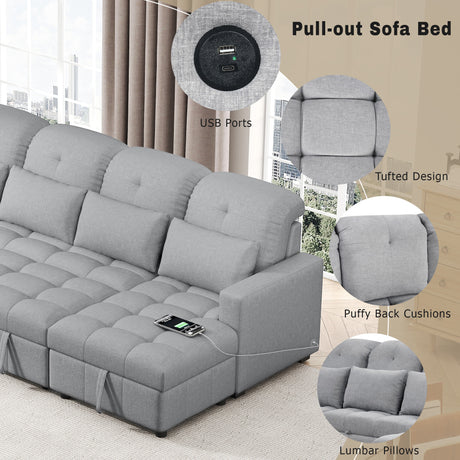 Versatile Oversized U-shaped Sectional Sofa Bed with Storage Chaise Lounges and USB Ports, Gray Chenille, 110.2' - sold by Home Elegance USA