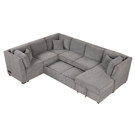 U-shaped Sectional Sofa Pull out Sofa Bed with USB Ports, Power Sockets, Storage Chaise, Light Gray Chenille, 108.6' - sold by Home Elegance USA