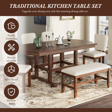 TOPMAX 6 Pieces 78inch Extendable Wood Dining Table Set with Bench, Traditional Kitchen Table Set with 18inch Removable Leaf and 4 Upholstered Dining Chairs, Espresso+Beige - sold by Home Elegance USA