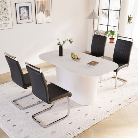 63 'medieval modern cream style MDF dining table and PU armless dining chair set 4. Assemble Desktop and Silver plated metal leg dining chair set, suitable for home&kitchen - sold by Home Elegance USA