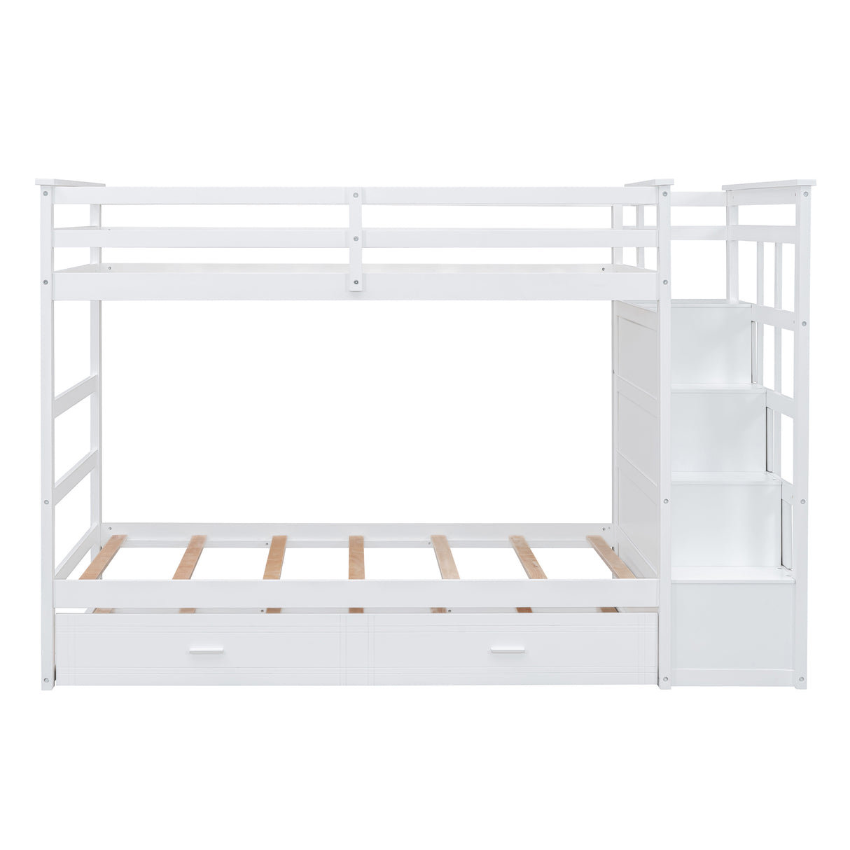 Twin Over Twin Bunk Bed with Trundle and Staircase,White(OLD SKU:LT000068AAK) - Home Elegance USA