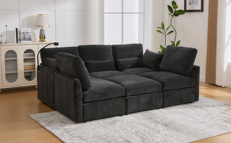 Modern Modular Sofa 85.4' U-shaped Sofa Bed with Movable Ottoman, USB Ports, Phone Holder, Black Chenille - sold by Home Elegance USA