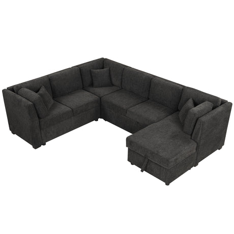 U-shaped Sectional Sofa Pull Out Bed with USB Ports, Power Sockets, Back Pillows & Storage Chaise, Black Chenille, 108.6' - sold by Home Elegance USA