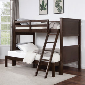 Transitional Style Twin Over Full Bunk Bed With Footboard Ladder, Walnut