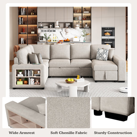 Beige Chenille U-Shaped Sectional Sofa with Pull-out Bed, USB Ports, Storage Chaise & Back Pillows - sold by Home Elegance USA