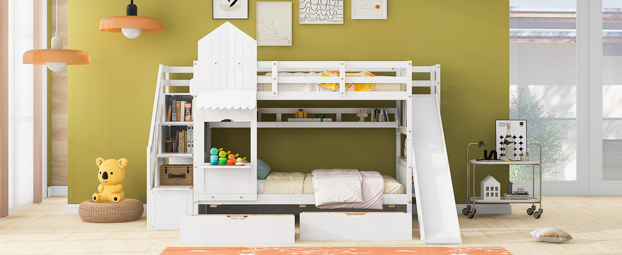 Twin-Over-Twin Castle Style Bunk Bed with 2 Drawers 3 Shelves and Slide - White - Home Elegance USA