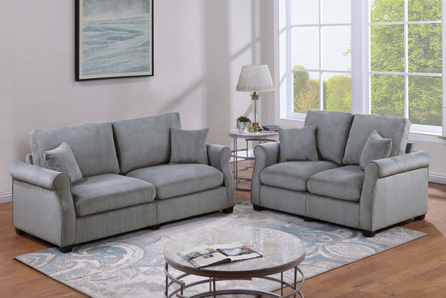 Contemporary Style 2pc Sofa Set Luxurious Corduroy Upholstered Cushion Back Seat Wooden Legs Fog Finish Primary Living Room Matching Pillow Included