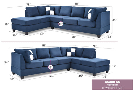 Malone G630B-SC Sectional (Without Ottoman) , NAVY BLUE - sold by Home Elegance USA