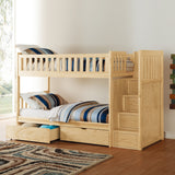 Twin Over Twin Bunk Bed Reversible Step Drawers Storage Boxes Natural Pine Finish Guard Rails Wooden Bedroom Furniture 1pc