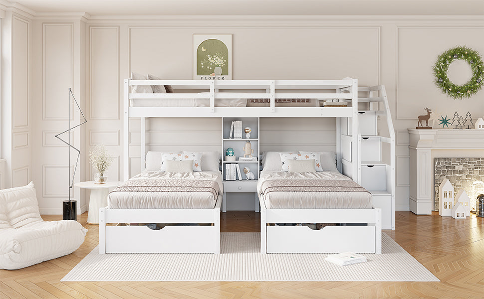 Twin over Twin&Twin Bunk Bed, Triple Bunk Bed with Drawers, Staircase with Storage, Built-in Shelves, White - sold by Home Elegance USA