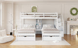 Twin over Twin&Twin Bunk Bed, Triple Bunk Bed with Drawers, Staircase with Storage, Built-in Shelves, White - sold by Home Elegance USA