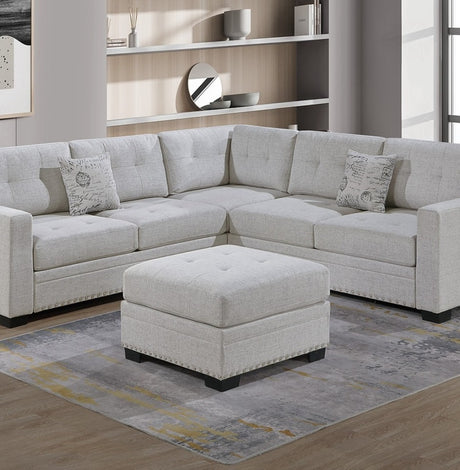 Casual Simple Tufted Couch Living Room Sectional 4pc Set Sincere Bone Color Fabric Upholstered RAF/LAF One-Arm Loveseat Wedge Ottoman - sold by Home Elegance USA