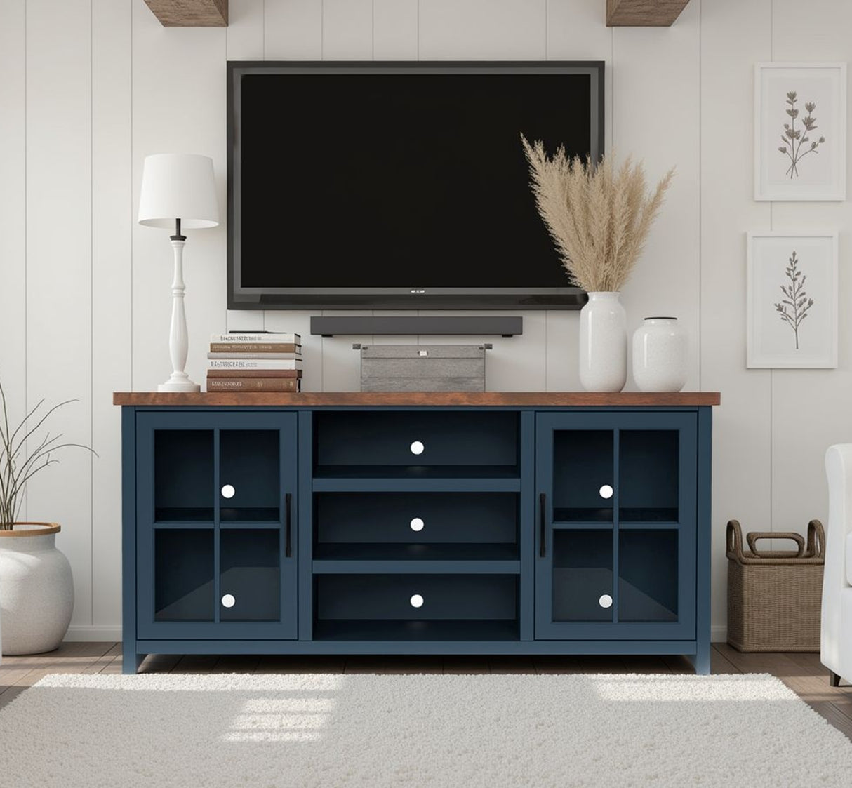 67 inch TV Stand Console for TVs up to 80 inches, No Assembly Required, Blue Denim and Whiskey Finish