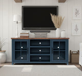 67 inch TV Stand Console for TVs up to 80 inches, No Assembly Required, Blue Denim and Whiskey Finish