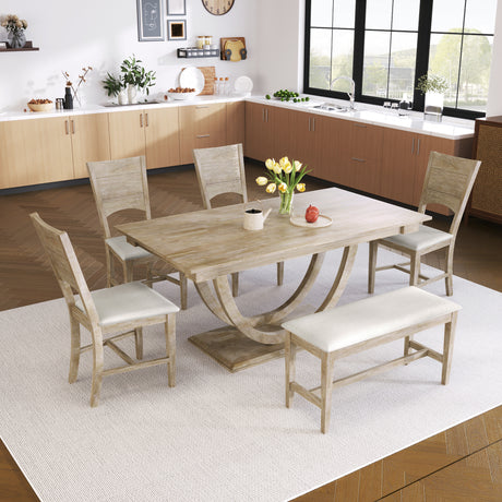 TOPMAX Modern Style Natural Wood 6-Piece Dining Table Set with Bench and Chairs, Upholstered Seats, Rubberwood Frame - sold by Home Elegance USA