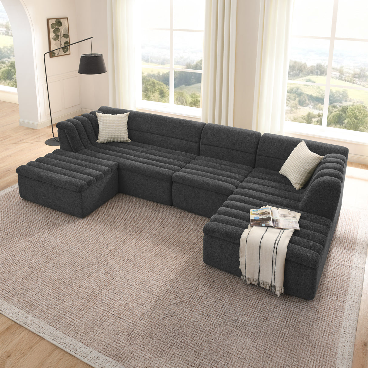 135' U-Shaped Modular Sectional Sofa with Chaise and Movable Ottoman for Living Room, Chenille Upholstered Boneless Couches with Wave-Shaped Armrest, No Pillows Included