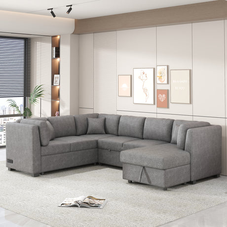 U-shaped Sectional Sofa Pull out Sofa Bed with USB Ports, Power Sockets, Storage Chaise, Light Gray Chenille, 108.6' - sold by Home Elegance USA