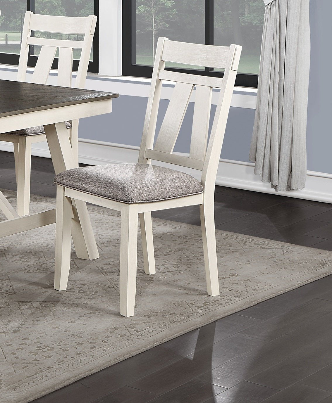 Dining Room Furniture 6pc Dining Set Table w Leaf And 4x Side Chairs 1x Bench Gray Fabric Cushion Seat White Clean Lines Wooden Table Top | Home Elegance USA