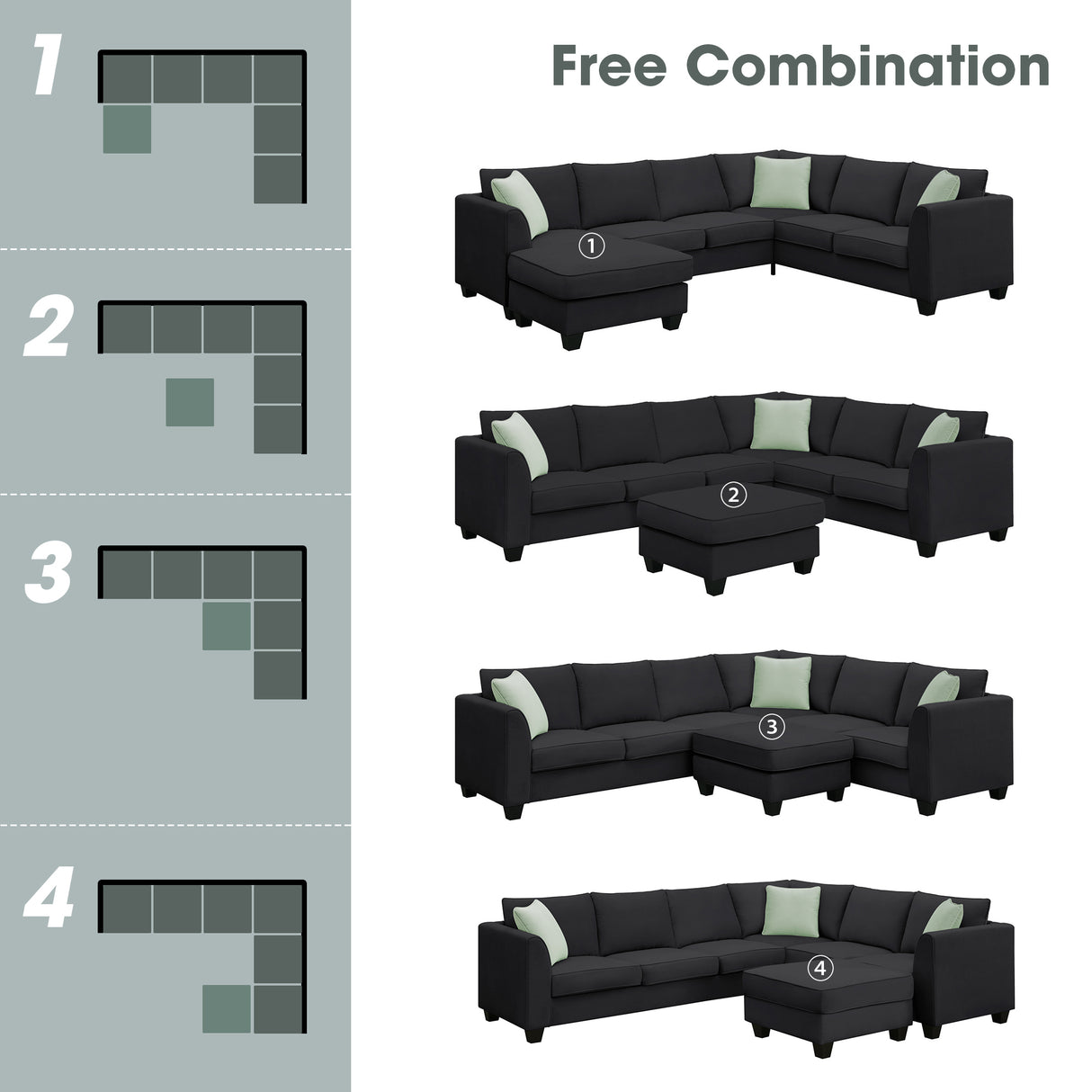 112*87" Sectional Sofa Couches Living Room Sets, 7 Seats Modular Sectional Sofa with Ottoman, L Shape Fabric Sofa Corner Couch Set with 3 Pillows, Black(New of GS008210AAB) - GS009012AAB - image - 2