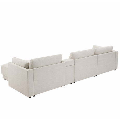 124'' L-Shaped Sectional Sofa with Multi-Functional Storage Console, Wired&Wireless Charger, Movable Ottoman, Wider&Thicker Cushion, Free Combination for Living Room&Apartment, Chenille - sold by Home Elegance USA