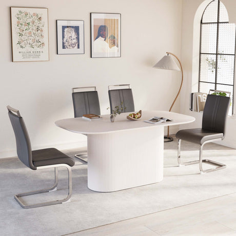 63 'medieval modern cream style MDF dining table and PU armless dining chair set 4. Assemble Desktop and Silver plated metal leg dining chair set, suitable for home&kitchen - sold by Home Elegance USA