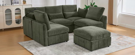 Modern Sectional Sofa Modular Sofa 85.4' U-shaped Sofa Couch Sofa Bed with Movable Ottoman, USB Ports, Phone Holder, Green Chenille - sold by Home Elegance USA