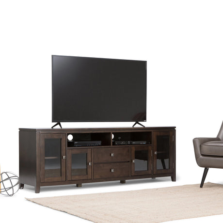 Cosmopolitan 72 inch Wide Solid Wood TV Stand in Mahogany Brown For TVs up to 80 inches - sold by Home Elegance USA