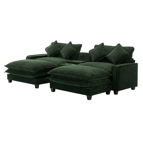 Chenille Upholstered 111' Sectional Sofa with Two Removable Ottomans, USB Ports, Cup Holders, and Storage, Green - sold by Home Elegance USA