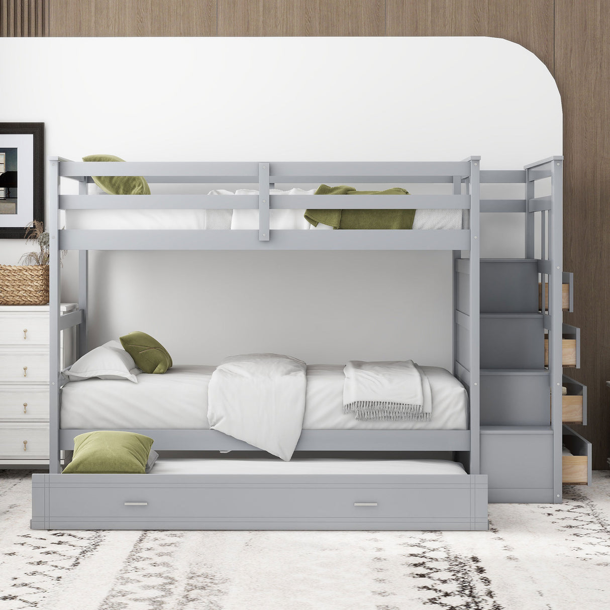 Twin Over Twin Bunk Bed with Trundle and Staircase,Gray(OLD SKU:LT000068AAE) - Home Elegance USA