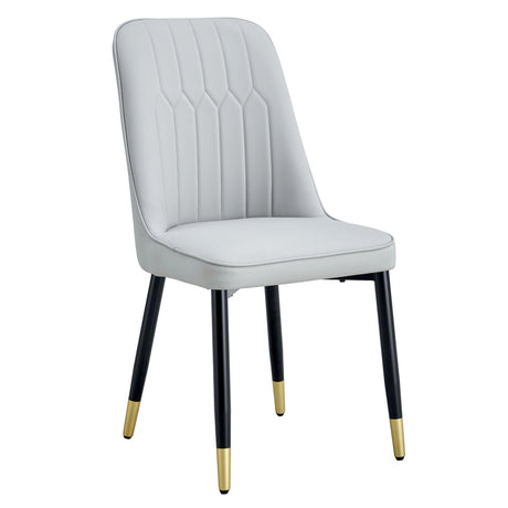 Table and chair set.The table has a glass top with imitation marble pattern stickers and stainless steel golden legs.Paried with 8 Light Gray chairs with PU cushions and black legs.W1151S01546 - sold by Home Elegance USA