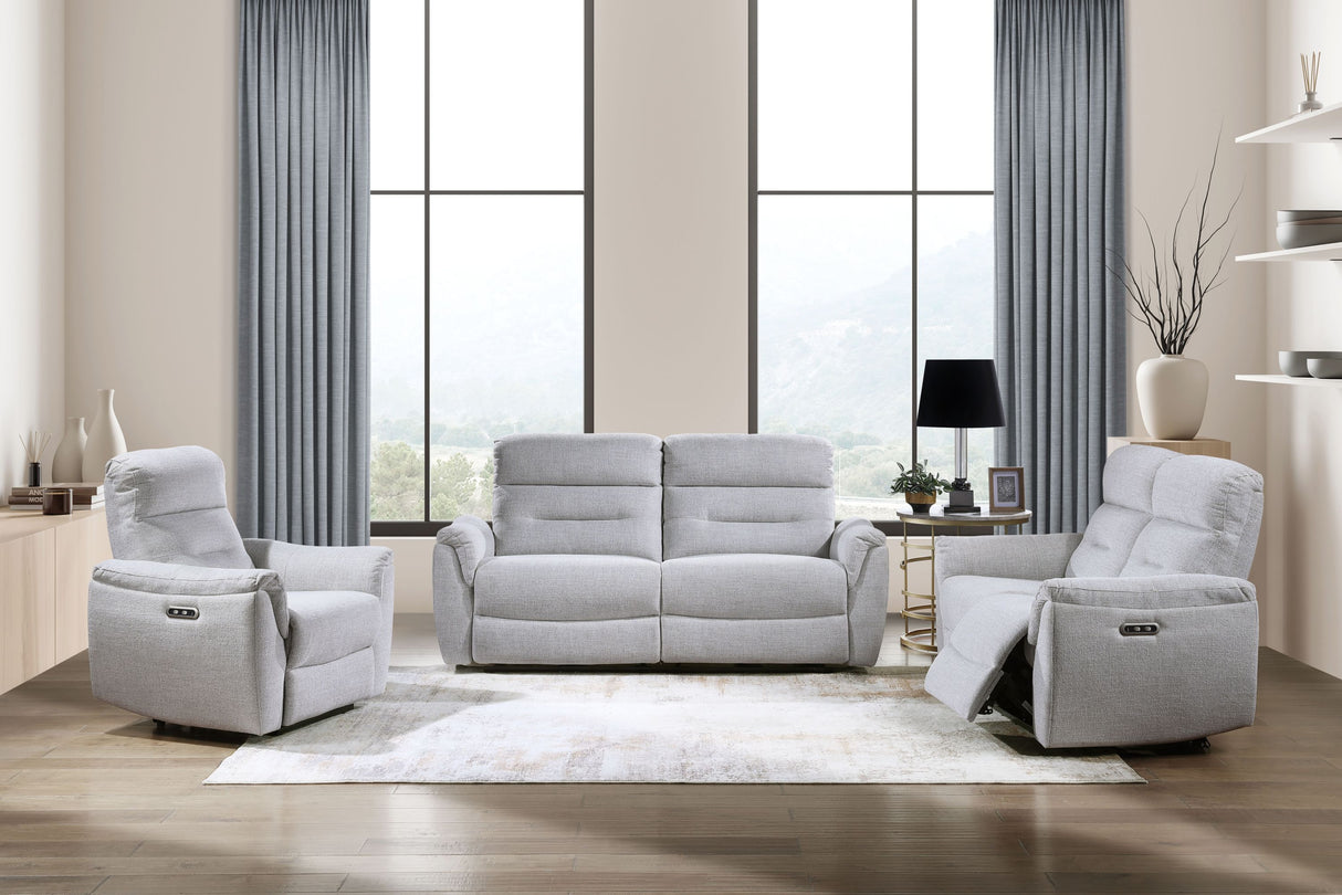 Eastre 3 Pieces Gray Chenille Power Motion Living Room Set w/USB Port