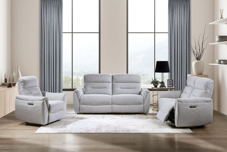 Eastre 3 Pieces Gray Chenille Power Motion Living Room Set w/USB Port