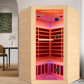Canadian Hemlock Pentagonal Double Infrared Sauna – Two-Person Corner Design - sold by Home Elegance USA